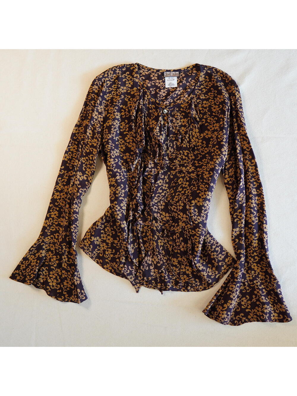 Vintage Y2K NOS Ruffle Bell Sleeve Blouse Brown Floral Fairy NWT Deadstock sz 6